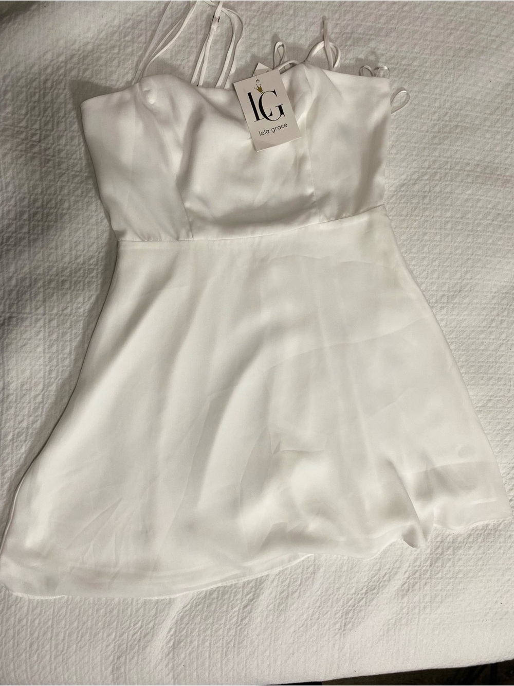 Lola Grace White Satin Mini Dress Size M Strappy Back Flowy Party NWT